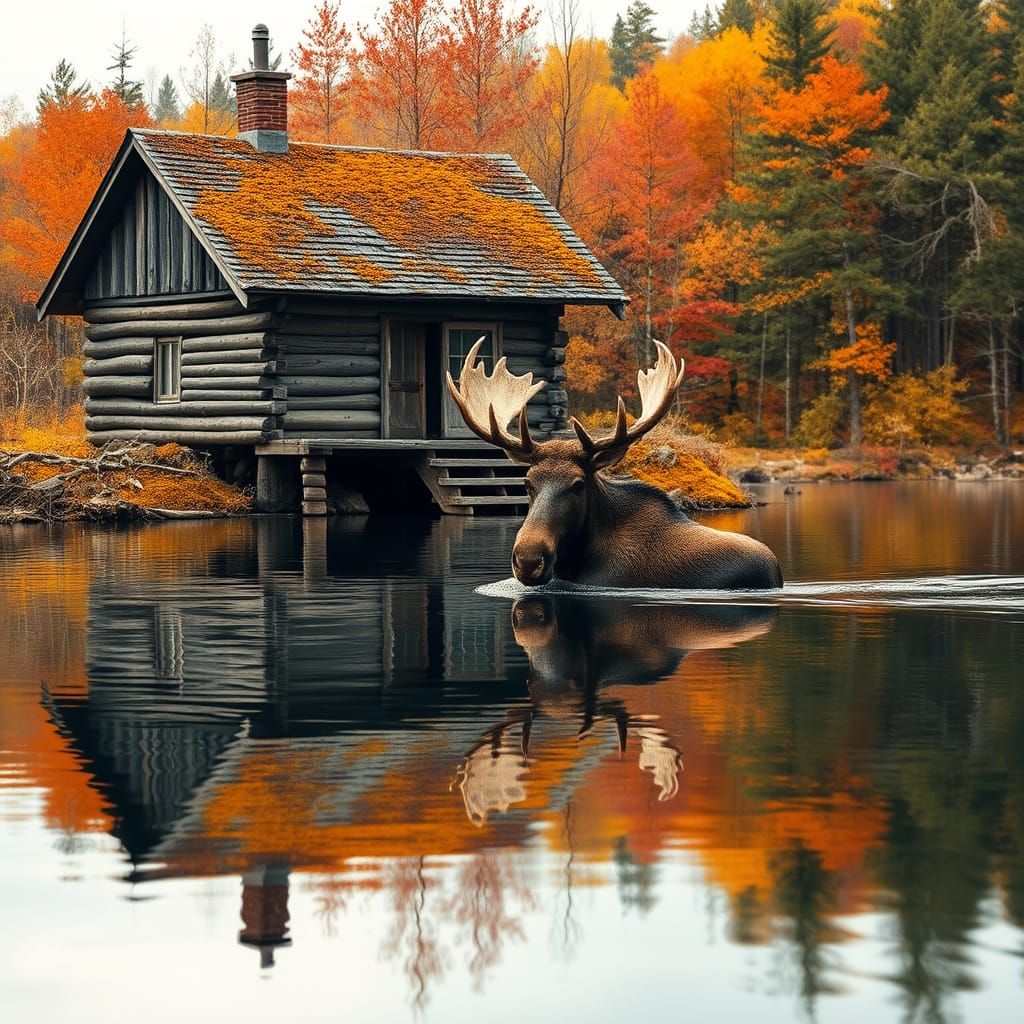 old hut on the side of a lake in Canada.  It is autumn There is a moose swimming in the lake.  His antlers ...  by @drdawn