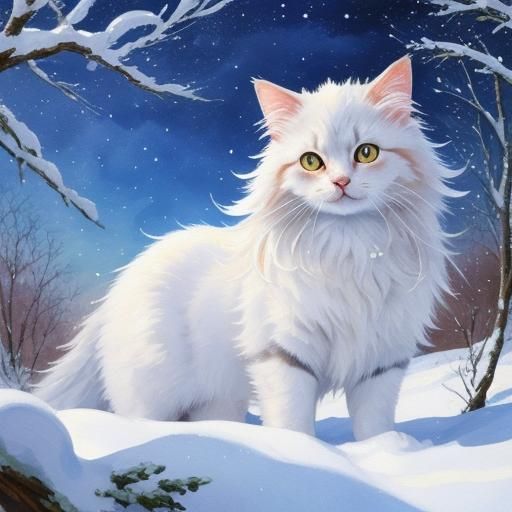 a beautiful ultrarealistic longhaired cat in the snow in Gouache Style, Watercolor, Museum Epic