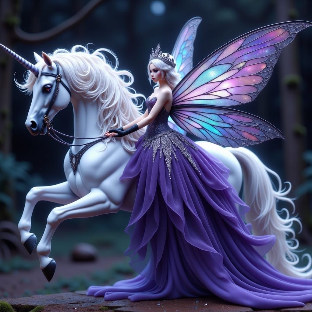 <lora:Winged Creatures:1.0>A beaut fairy with glowing wings shimmering violett Gown with lace and black fingerless Lace gloves, sitting on a...