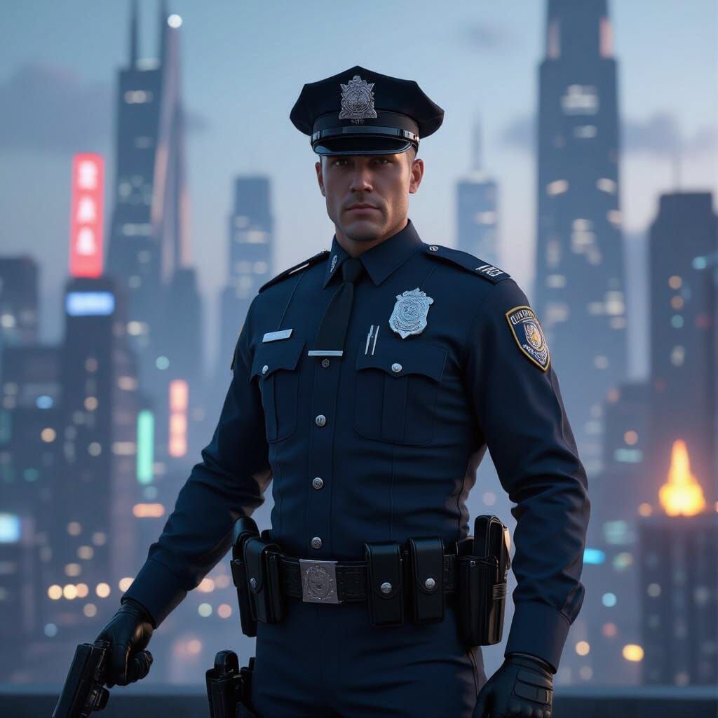Futuristic Police Officer in Epic 3D Cityscape