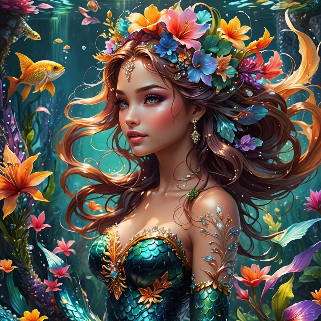 beautiful sparkle mermaid with fantasy flower tail, tropical...