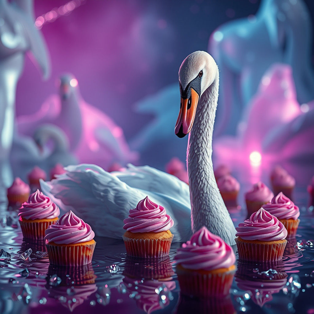 Surreal Swan in Dreamscape with Pink Cupcakes
