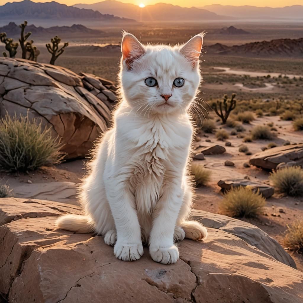"Grumpy white kitten sitting on a rock, stunning desert suns...