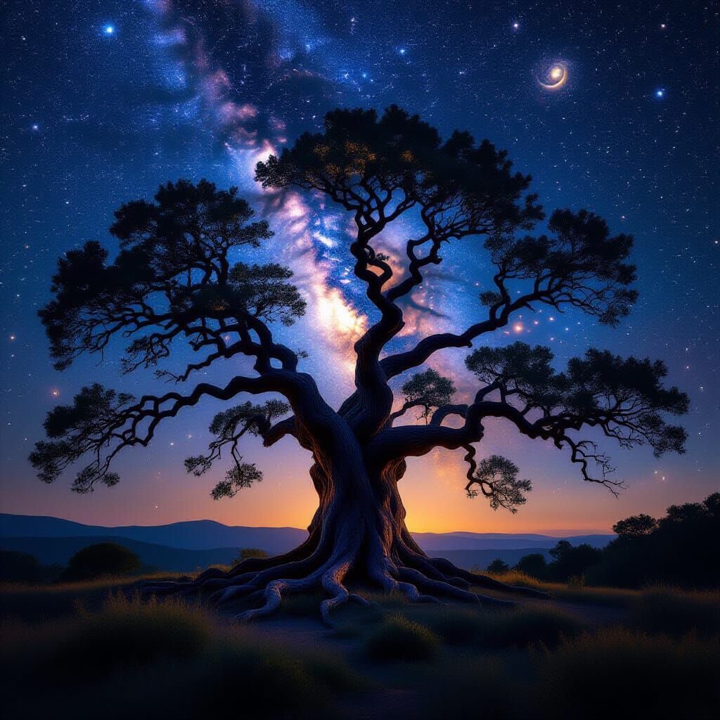 Mystical Tree Double Exposure Over Starry Night Sky