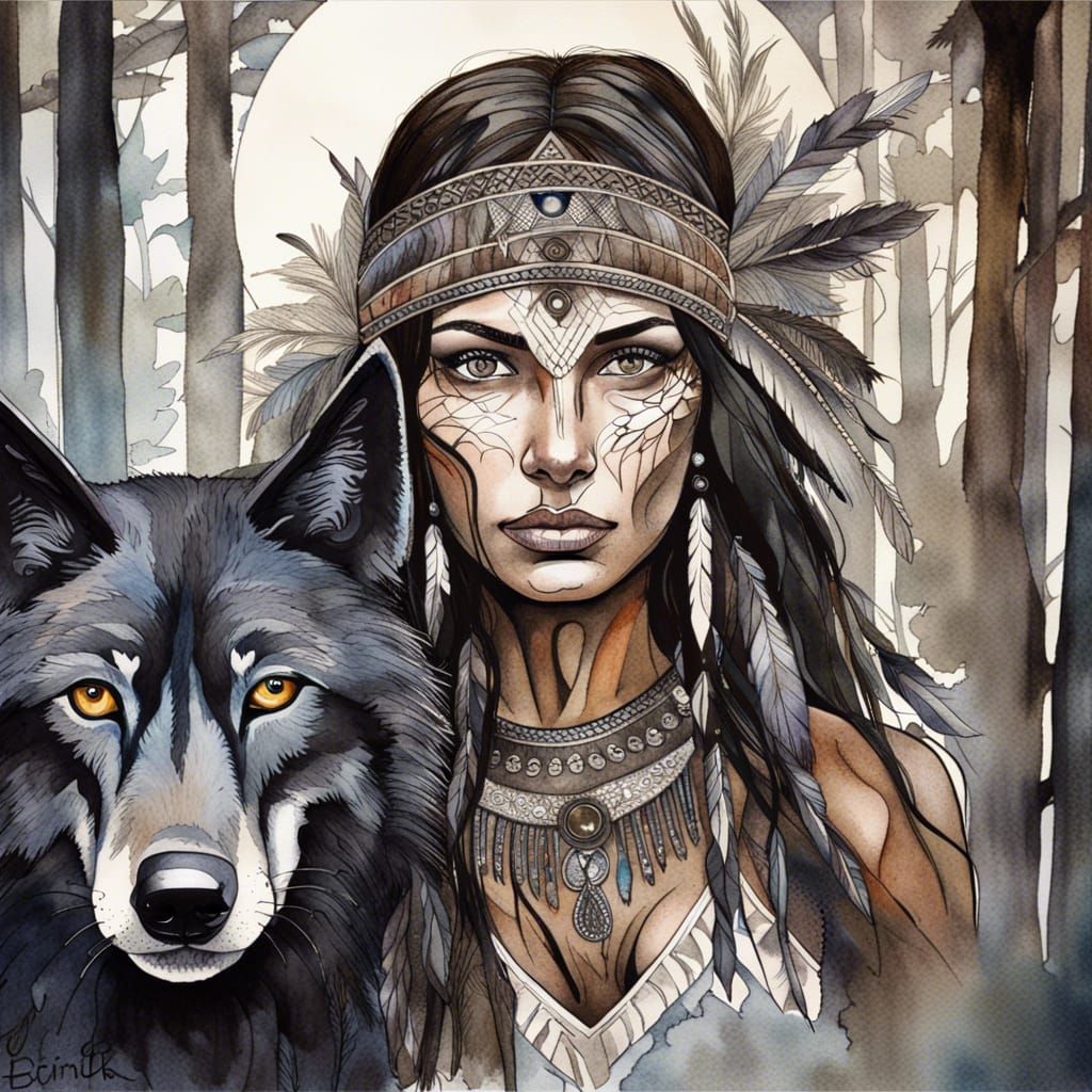 Cherokee warrior with her spirit wolf - AI Generated Artwork ...