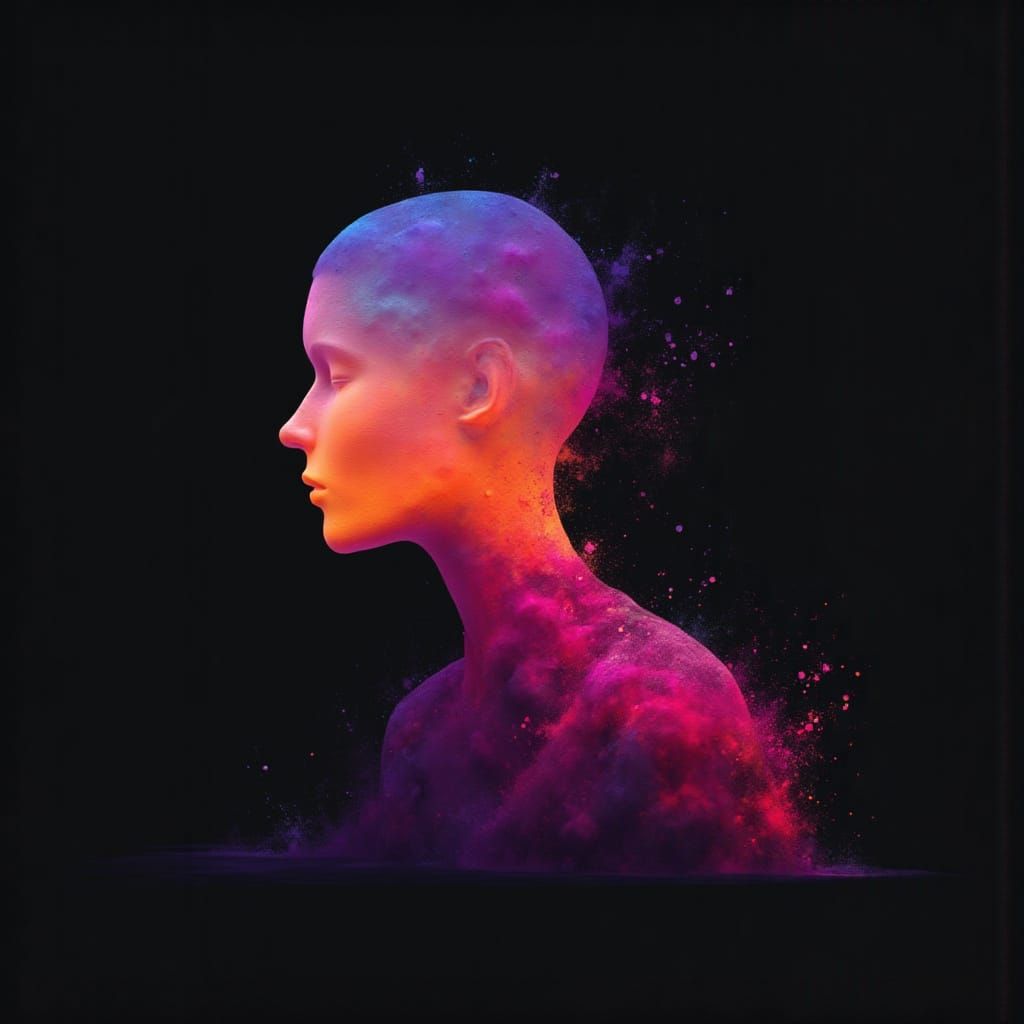 <lora:AffectaFlux:1.0> Hope, looking toward horizon, featureless character made of glass and oil paint, splashes of sunrise pink paint and c...