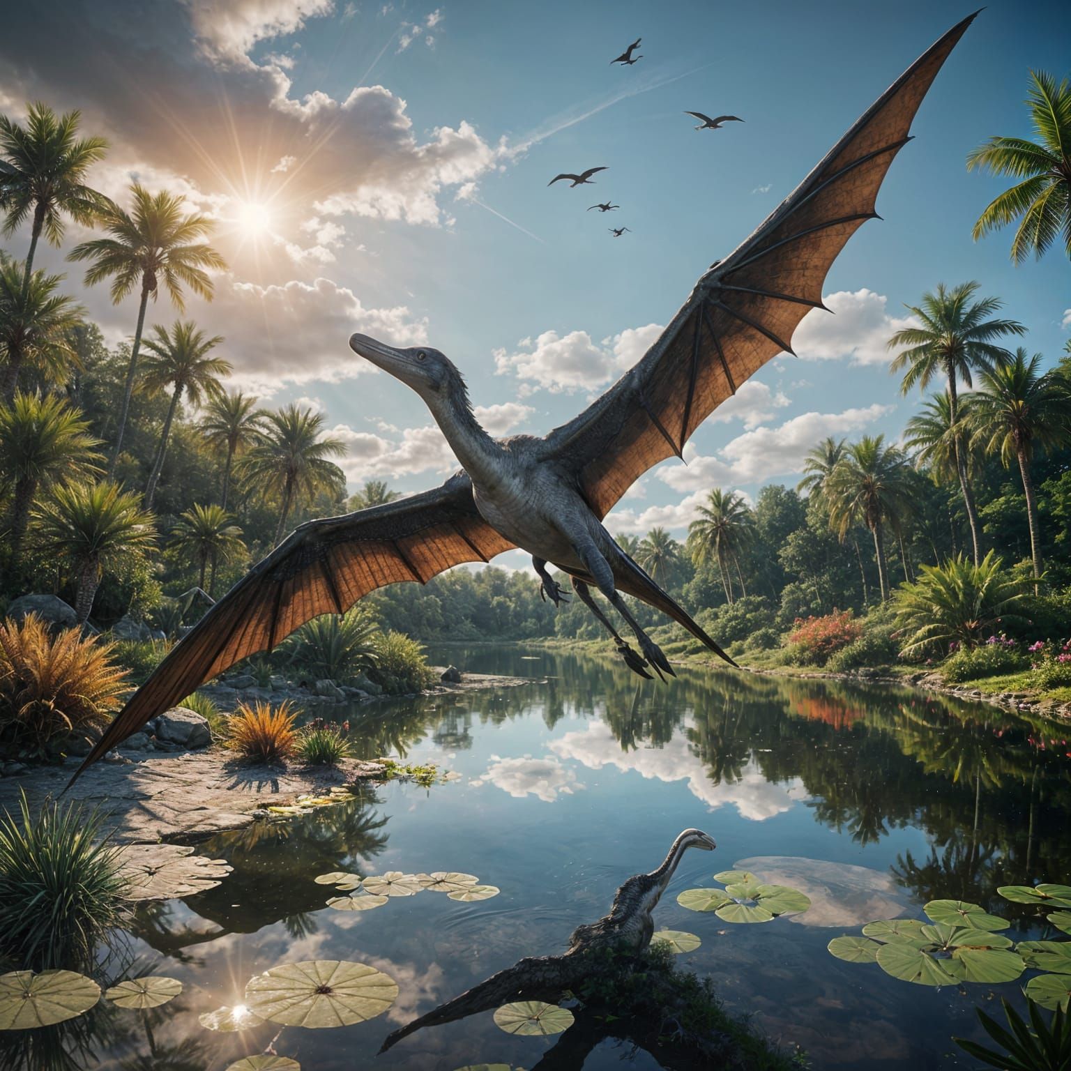 A mesmerizing realistic Pterodactyl flying above a mesmerizing realistic pond, cinematic lighting, vivid colors 