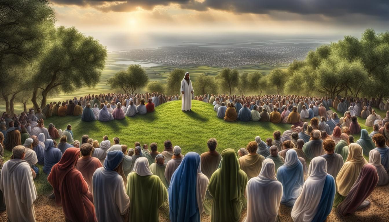 Jesus Is Standing On A Hill Teaching The Multitudes On The Mount Of 