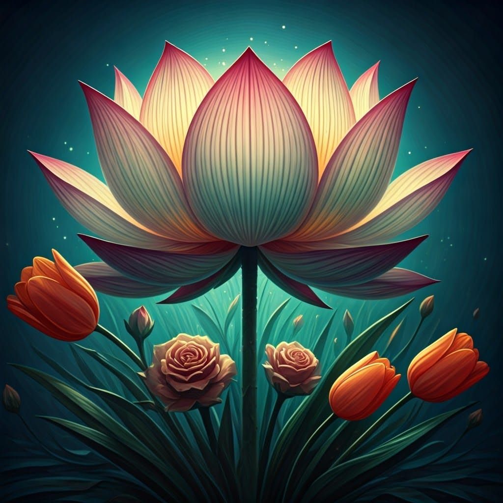 Surreal Lotus Blooms Amidst Vibrant Roses and Tulips with Wh...