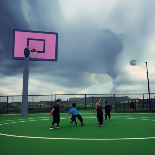 Pickup basketball at a park with Armageddon occurring in the background