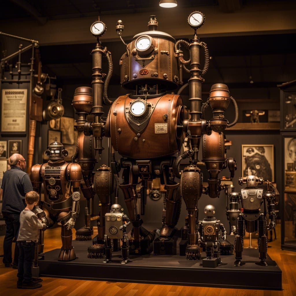 Museum of steampunk robots, old, busy, families in awe  by @Sullivan-Shaw