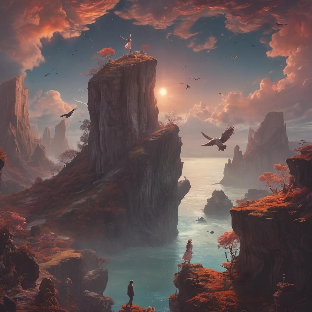 A surreal and dreamy landscape filled with whimsical creatur...