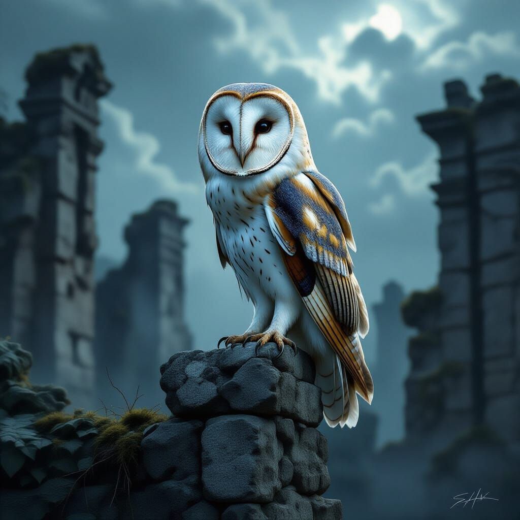 A majestic barn owl perched atop crumbling ancient ruins, its feathers rendered in exquisite detail, illuminated by dramatic, chiaroscuro li...
