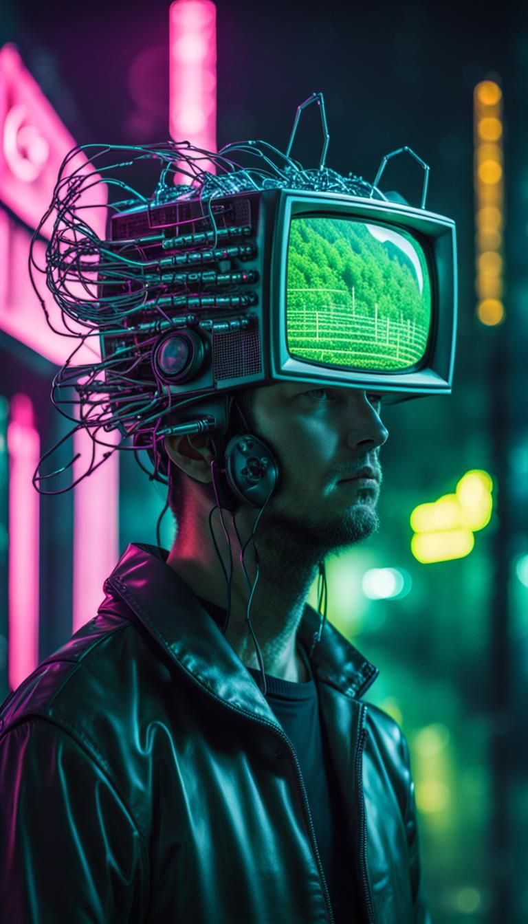 Binary Code Dream, man wearing television head, nature, cybe...