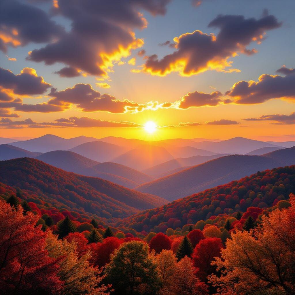 As a brilliant white sun rises over the Appalachian Mountains during the fall, the colorful foliage is ...  by @Chippy