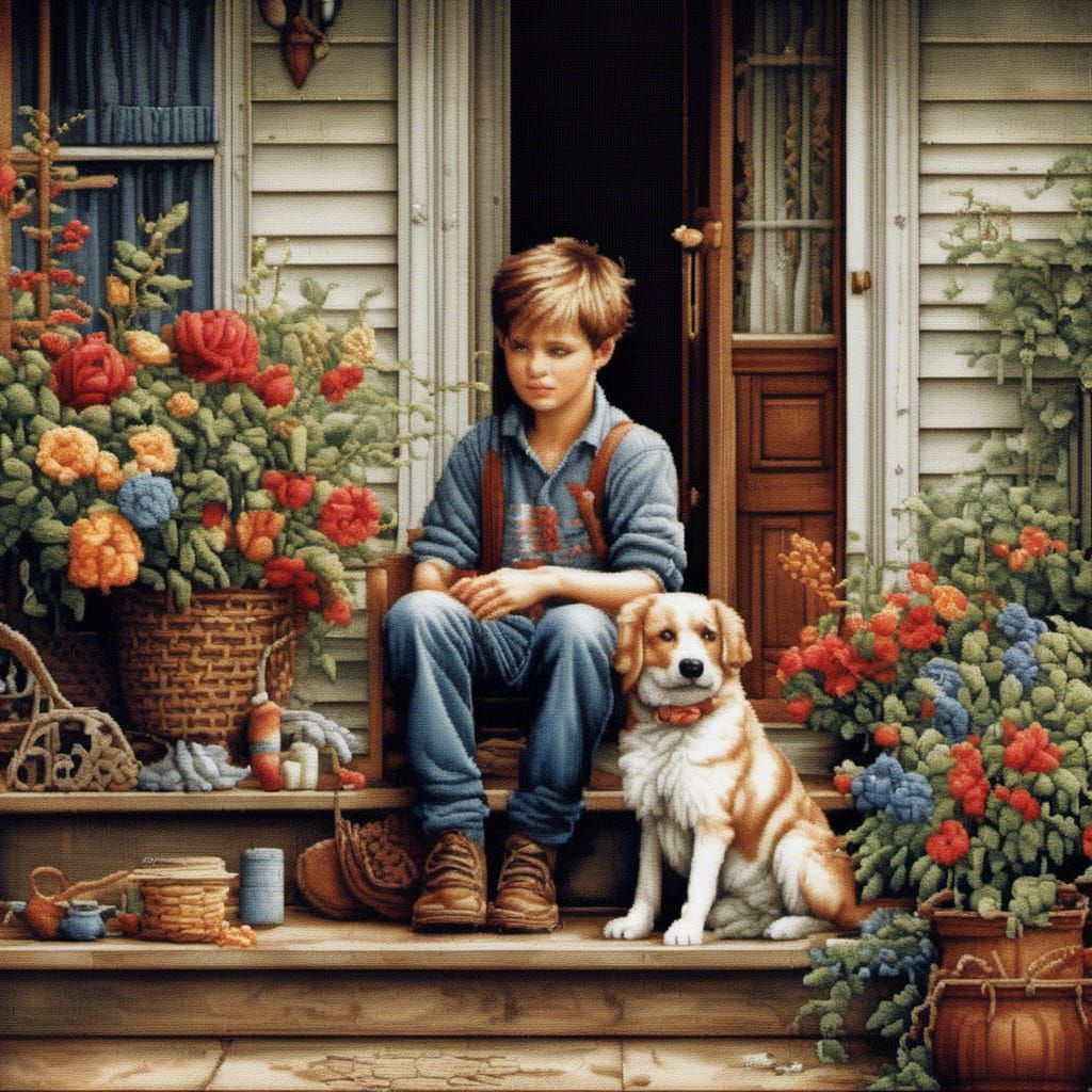 <lora:Cross Stitch:1.0> Beautiful stunning cross stitch of a boy and his dog sitting on a front porch Kincaid Rockwell beautiful stunning cr...