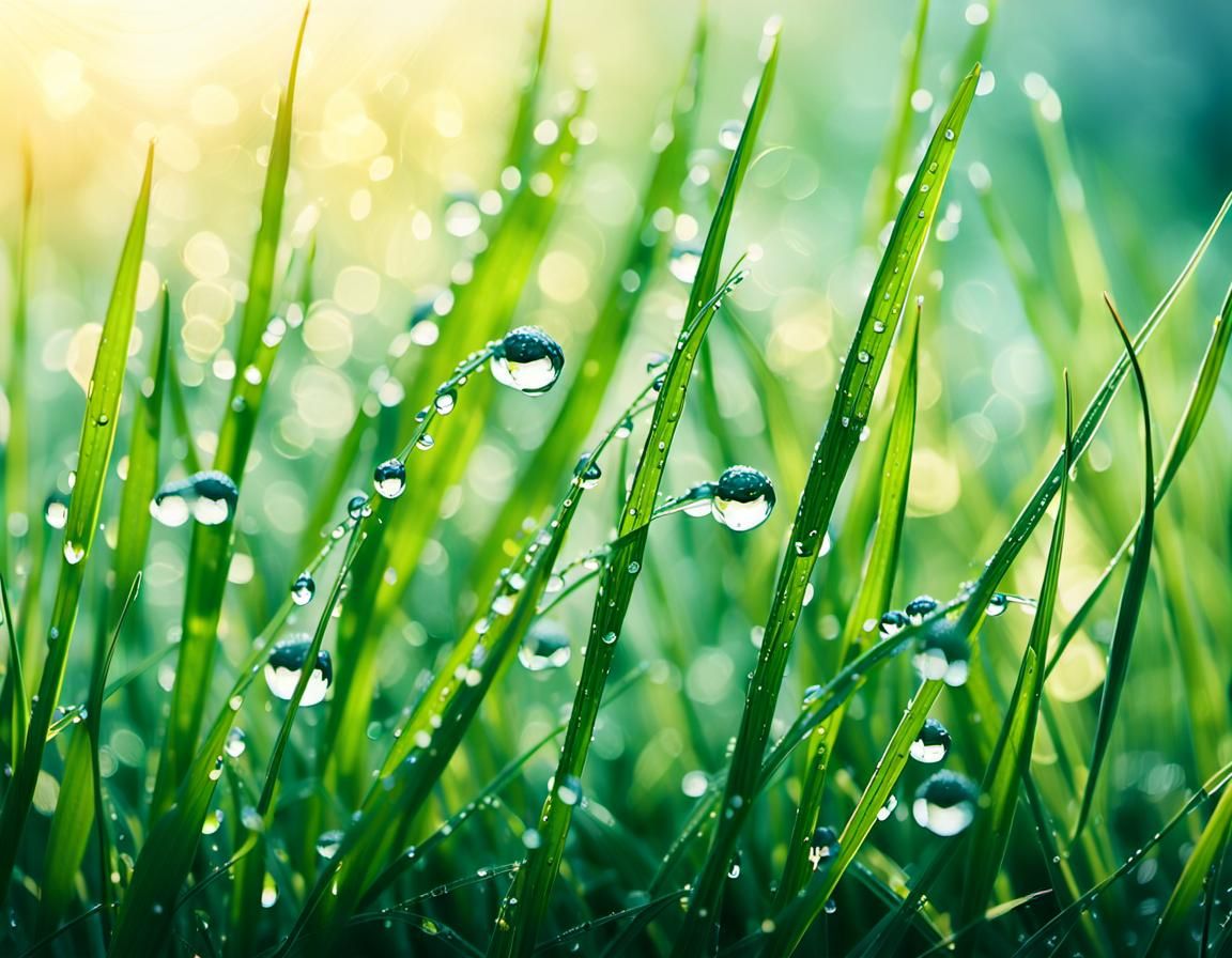 beautiful dew drops on grass in early morning