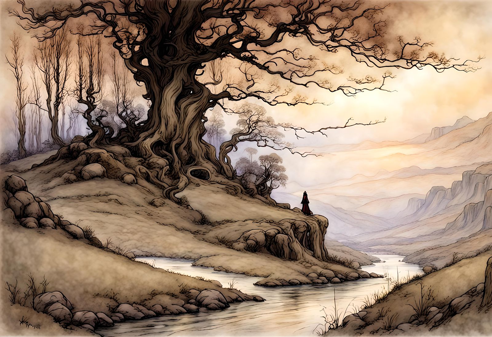 Beautiful fantasy landscape, by arthur rackham