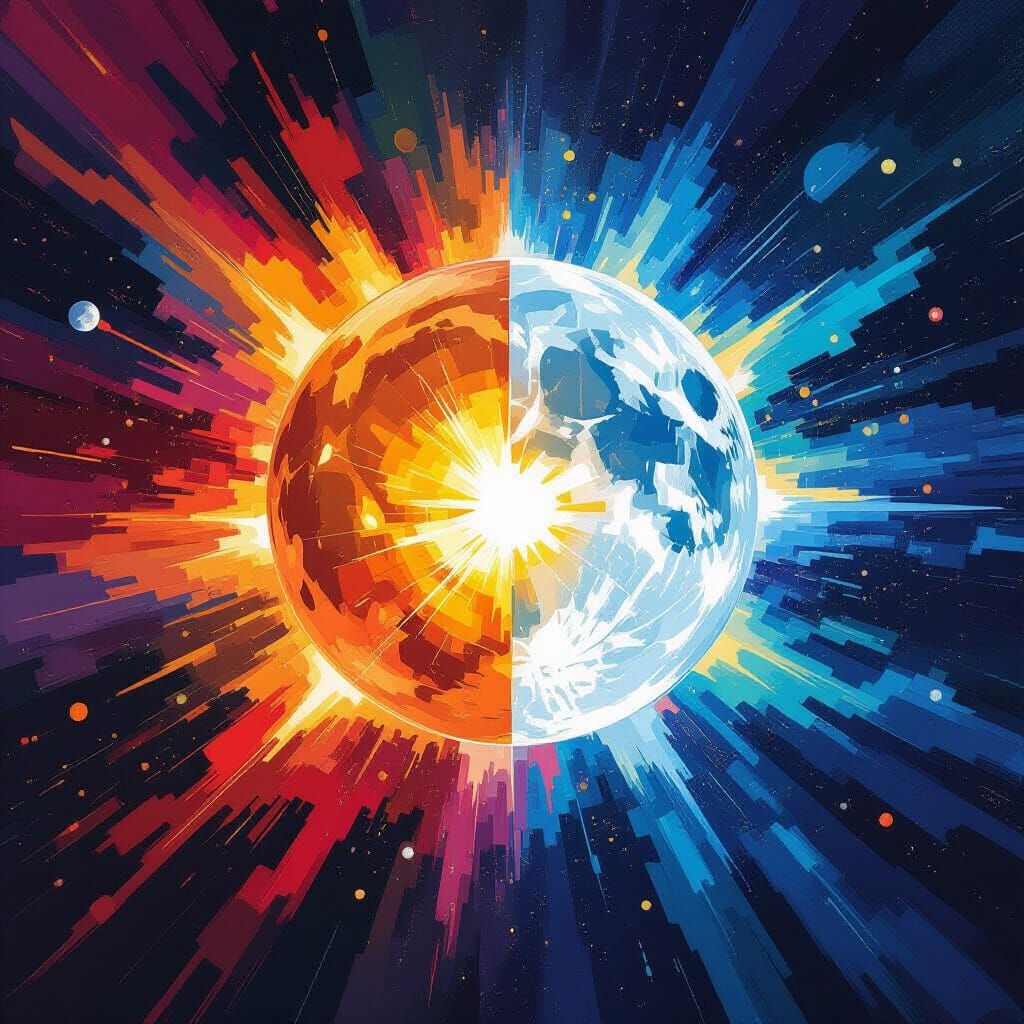 Sun and Moon Collision in Sci-Fi Style