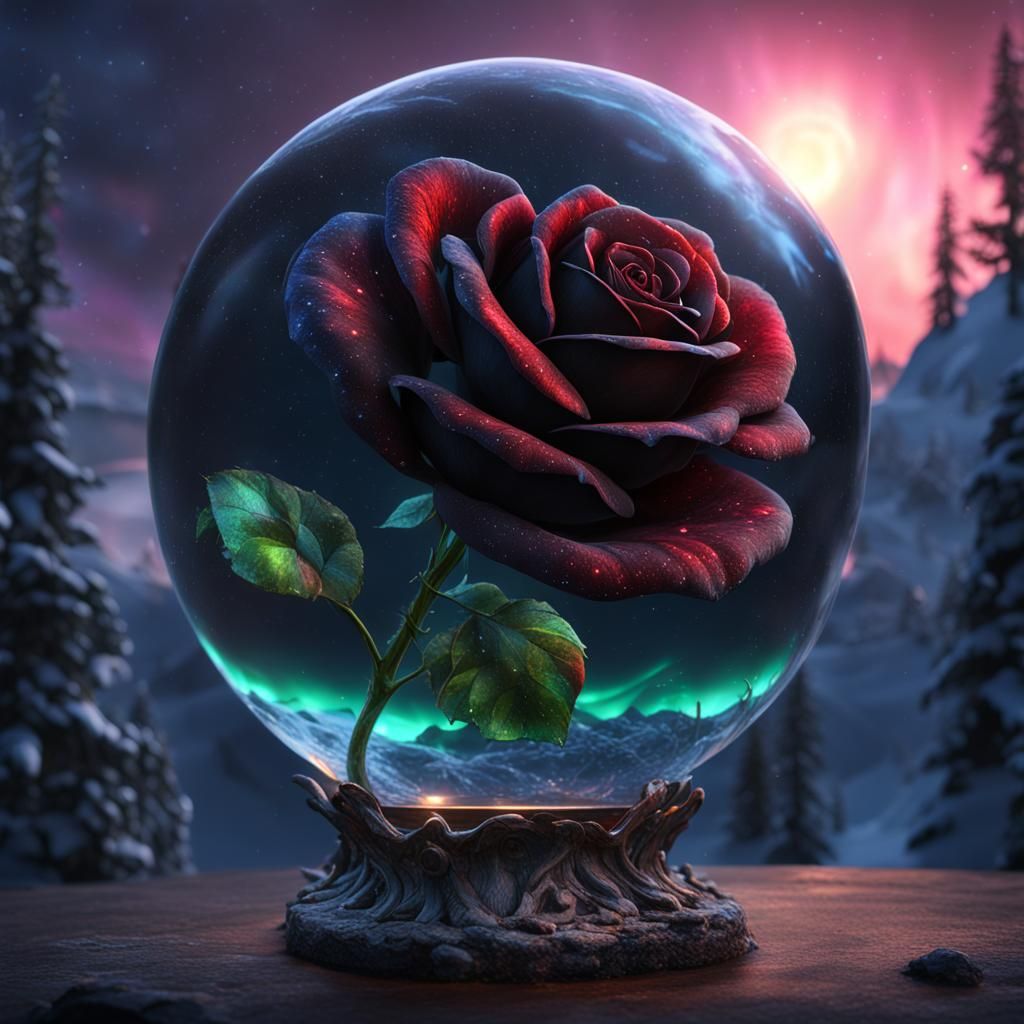  a black rose in a glass sphere with the northern lights in ...