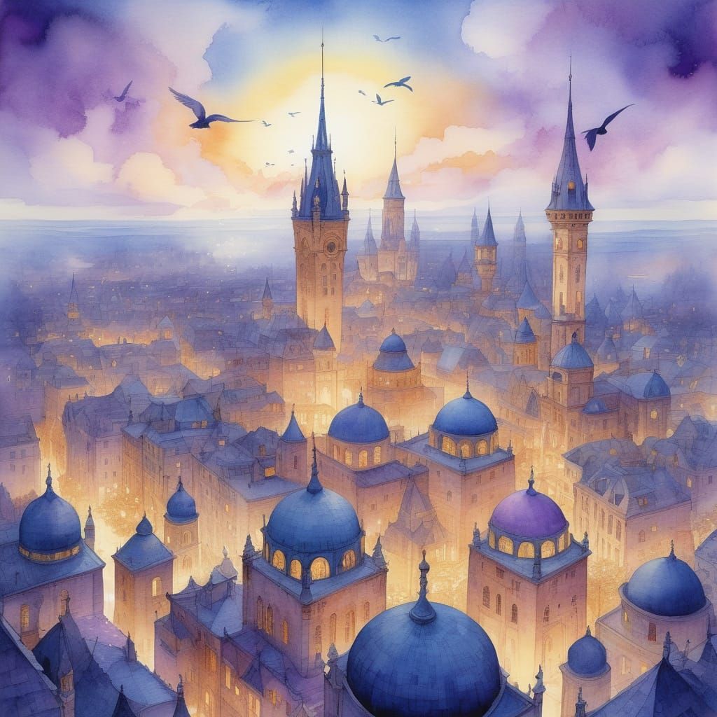 A glowing fantasy city seen from a bird’s-eye view, illustrated in a dreamy watercolor style. The city ...  by @Nekooo ni