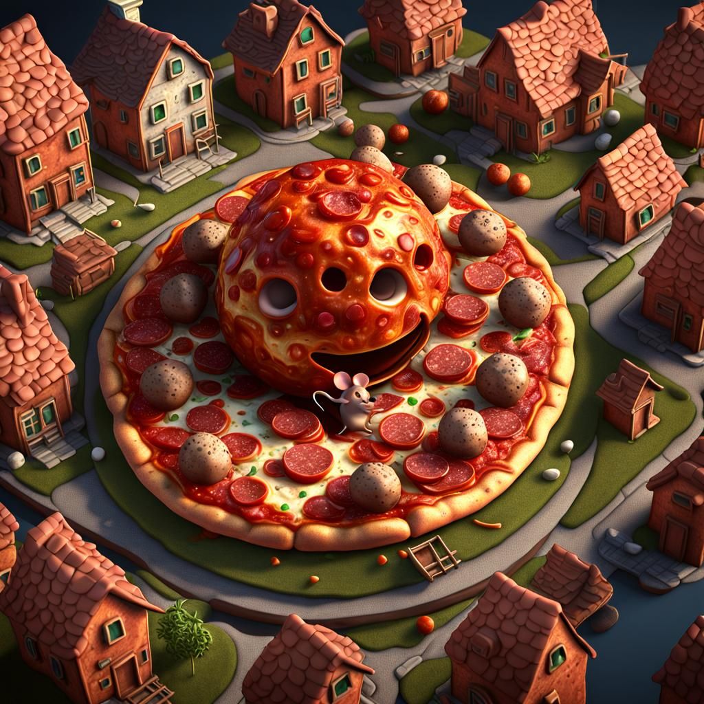 Tiny (pepperoni_mouse:1.4) chibi mice mouseliving in (meatball_houses:1.5)  on top of a vast sprawling pizza, surreal, dream logic, concept a... - AI  Generated Artwork - NightCafe Creator