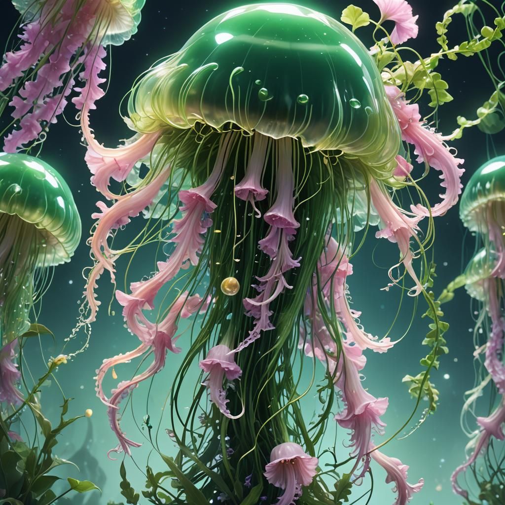 Green plant based jelly fish with foxglove flower tentacles coming out of the bottom