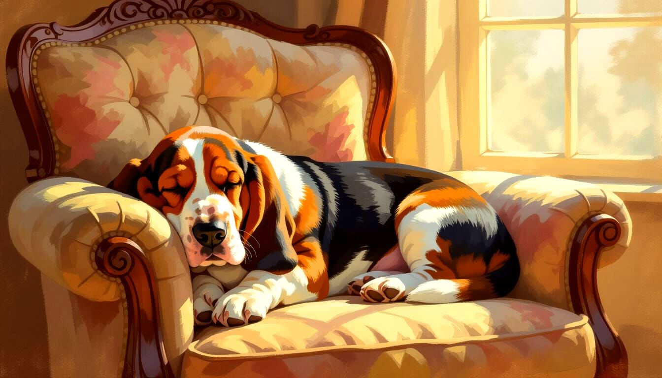 A sleepy Basset Hound, curled up comfortably on an antique, plush armchair. Sunlight streams through ...  by @keith