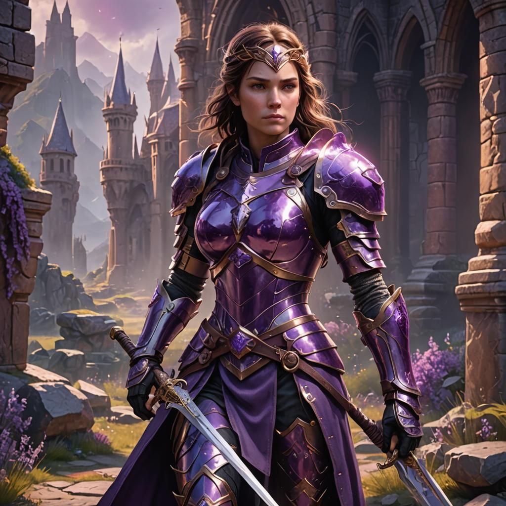 rebecca in amethyst battle armor at the ready holding her sw...