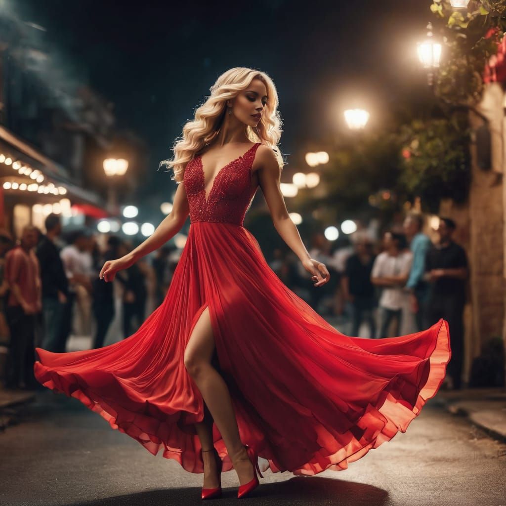 A beautiful blonde haired Hispanic woman wearing a long flowing red dress and matching heels