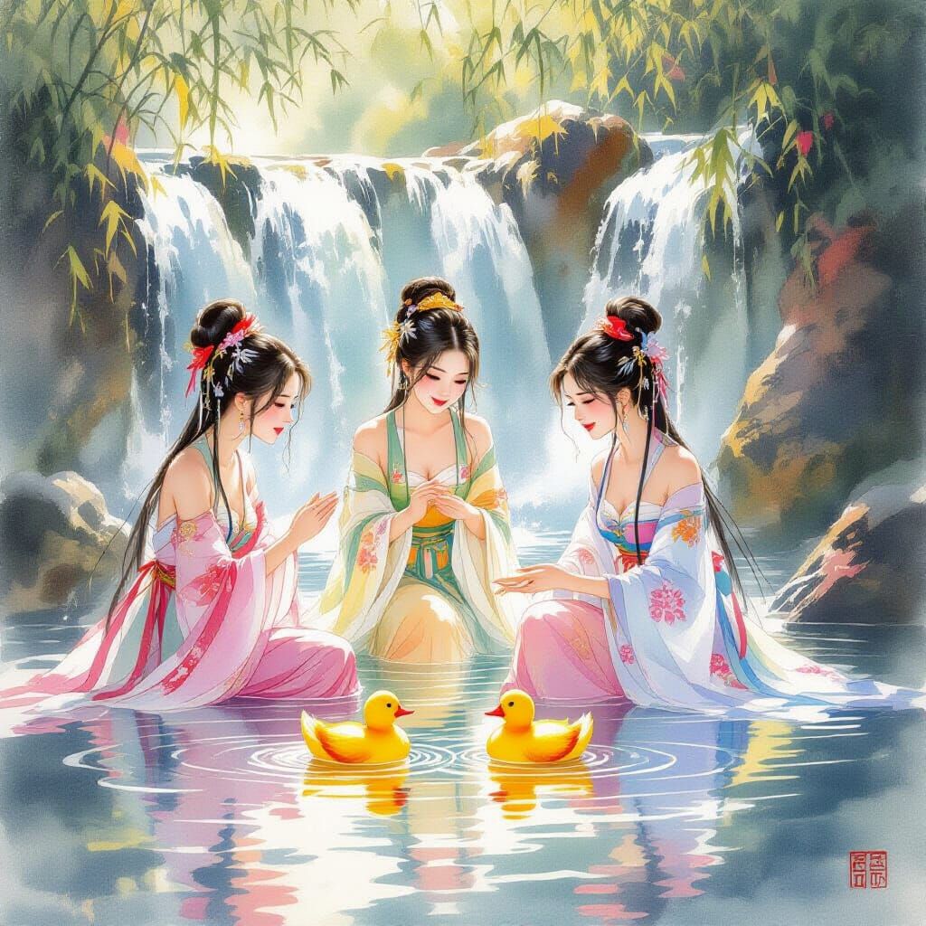 Beautiful Chinese Maidens Play by Waterfall in Watercolor St...