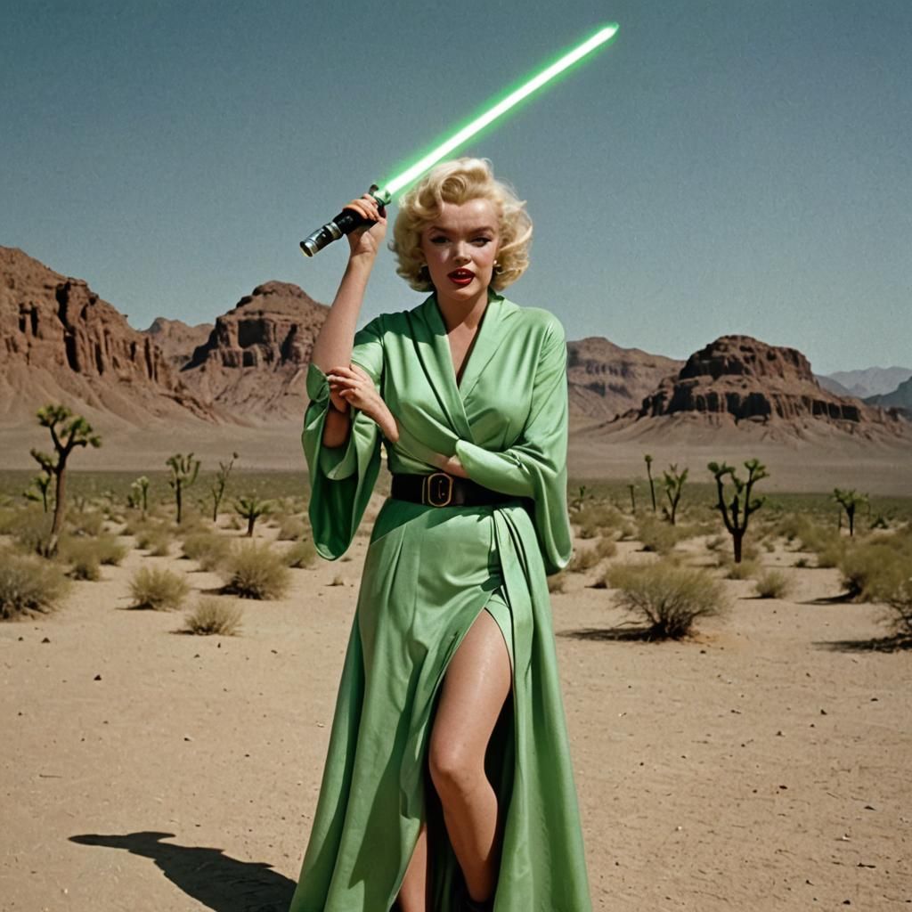 Screengrab of 1950's Super Panavision 70 movie. Retro in color. Marilyn Monroe wearing jedi robes wielding green light saber in desert --ar...