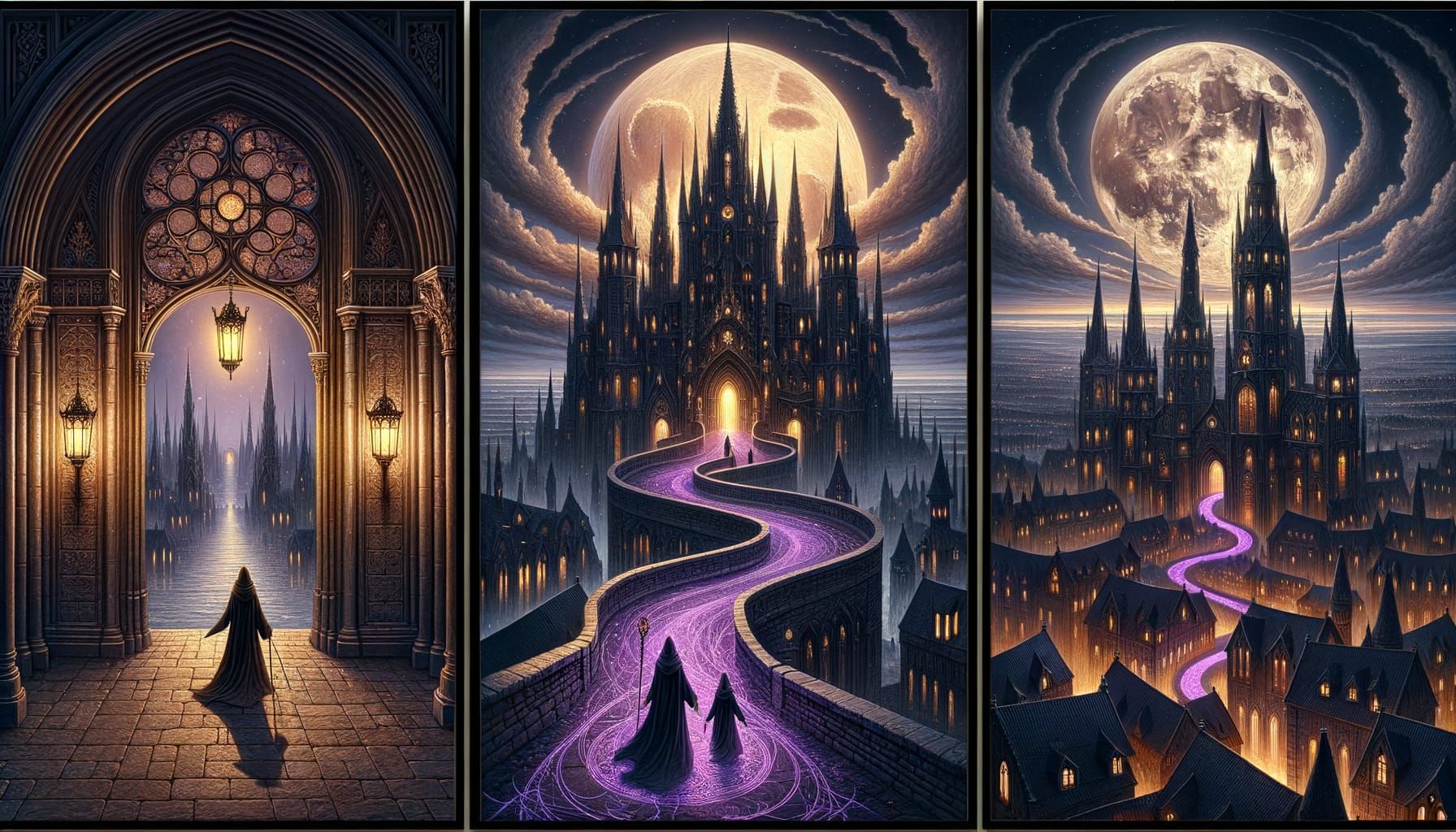 Triptych:

Panel 1 – The Castle Gate
"A grand gothic archway at twilight, wrought-iron lanterns casting warm golden light across ornate ston...