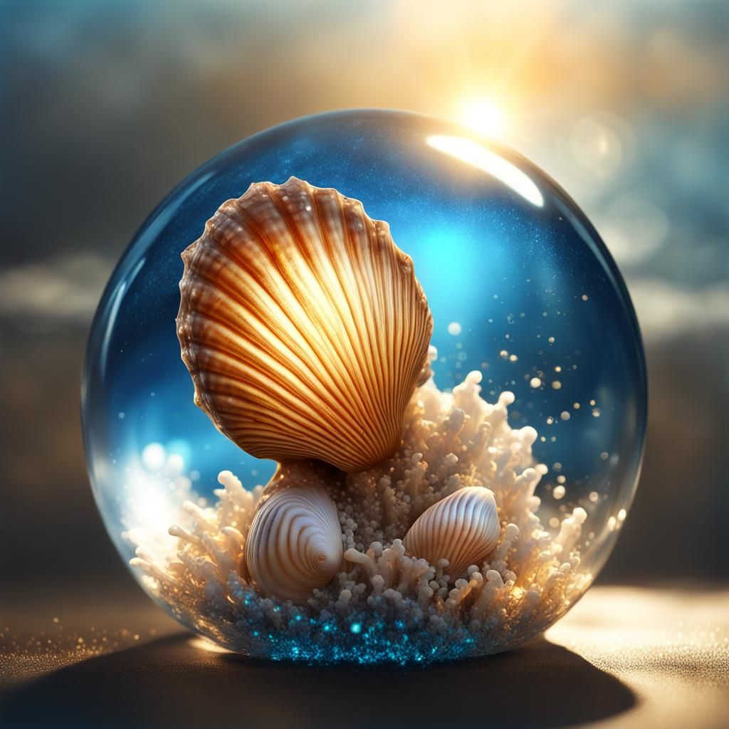 Gorgeous sea shell with blue glitter flying around encased i...