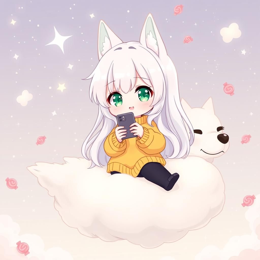Wolfie taking a selfie with a fluffy cloud-wolf cutie ☁🐺📱