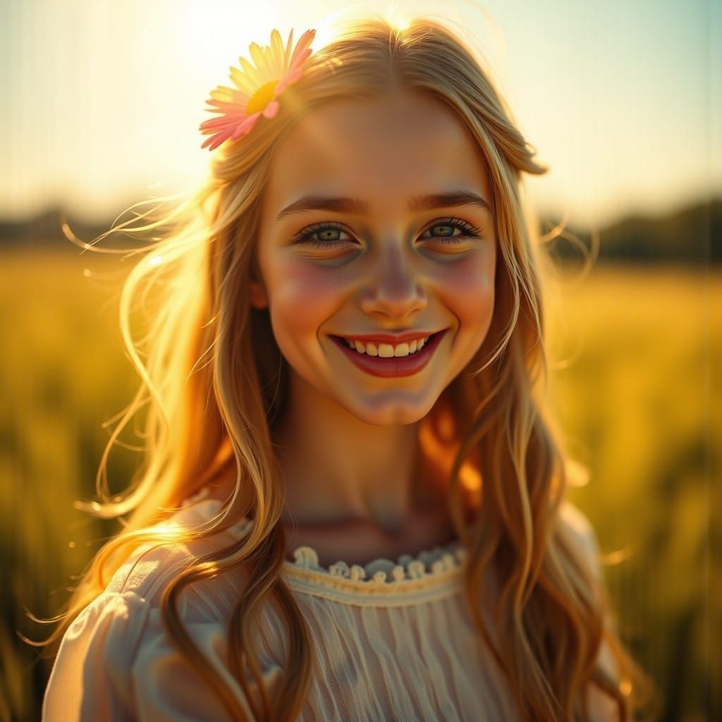 <lora:HyperPhotoRealism:1.0> extreme close-up smile with a daisy in her hair a beautifully back lit, 70s hippie girl in a dress standing in...