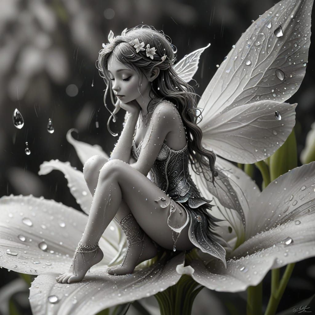 A highly detailed pencil drawing, realistic and delicate. A tiny sad fairy sits on the petal of a huge "furry" lily flower, her small legs d...