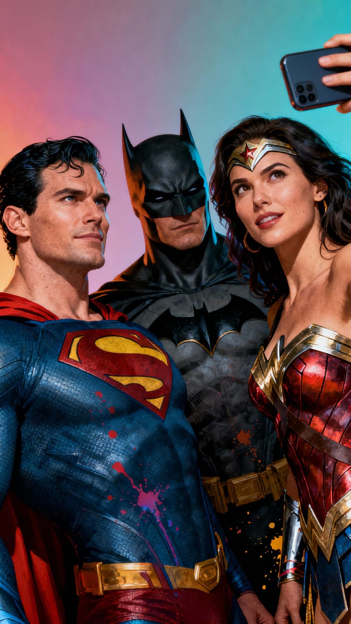 Superman, Batman and Wonder Woman taking a selfie.  