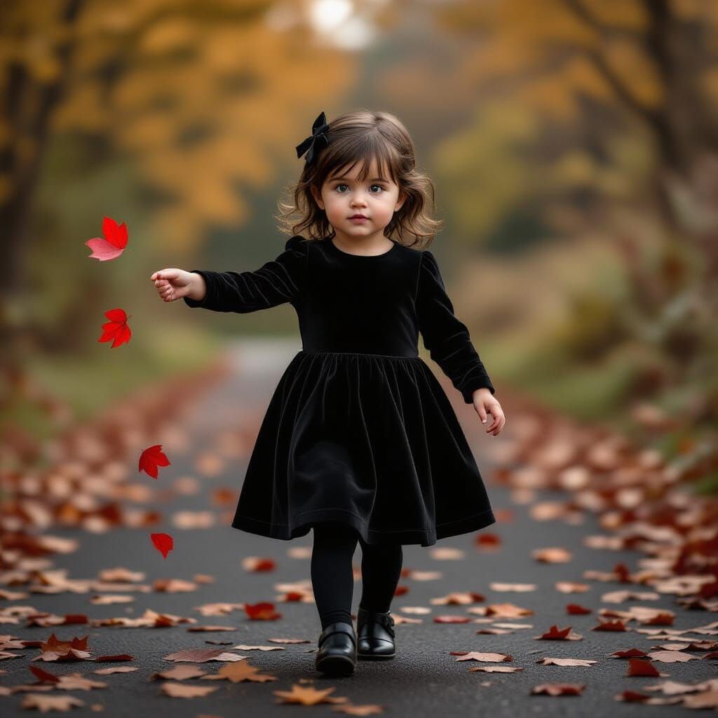 Girl in Black Dress Throws Red Leaves in Photorealistic Styl...