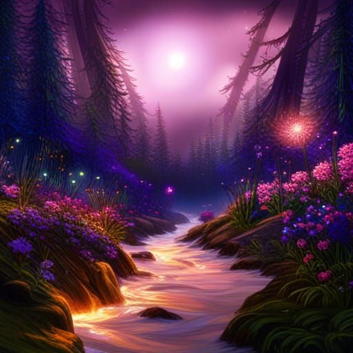 landscape of magical forest at night, bloom, glowing flowers,  fairy dust, blue lights, Highly detailed, ...  by @Kobe's Gamezone