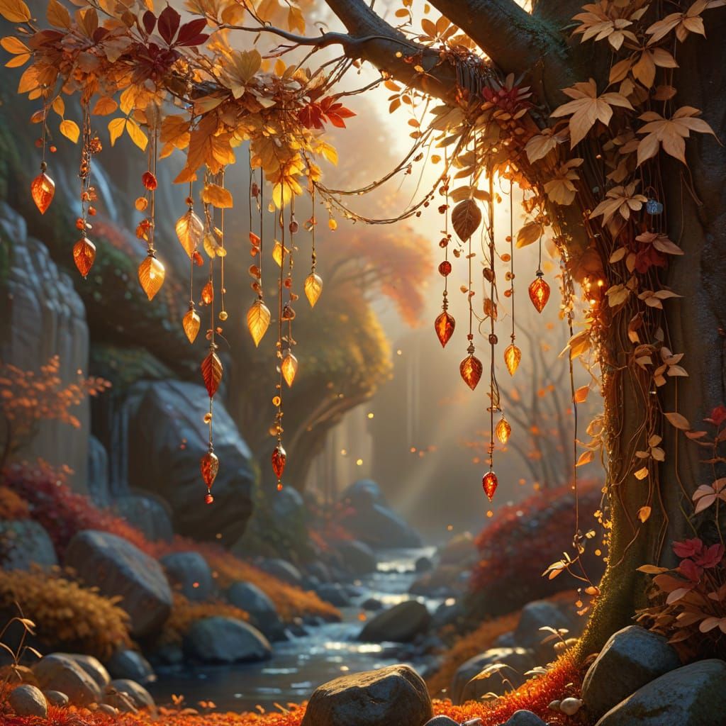 Elegant Autumn Leaves Papers, with Tree's and gems on strings, strings of light, in the colors of Autumn