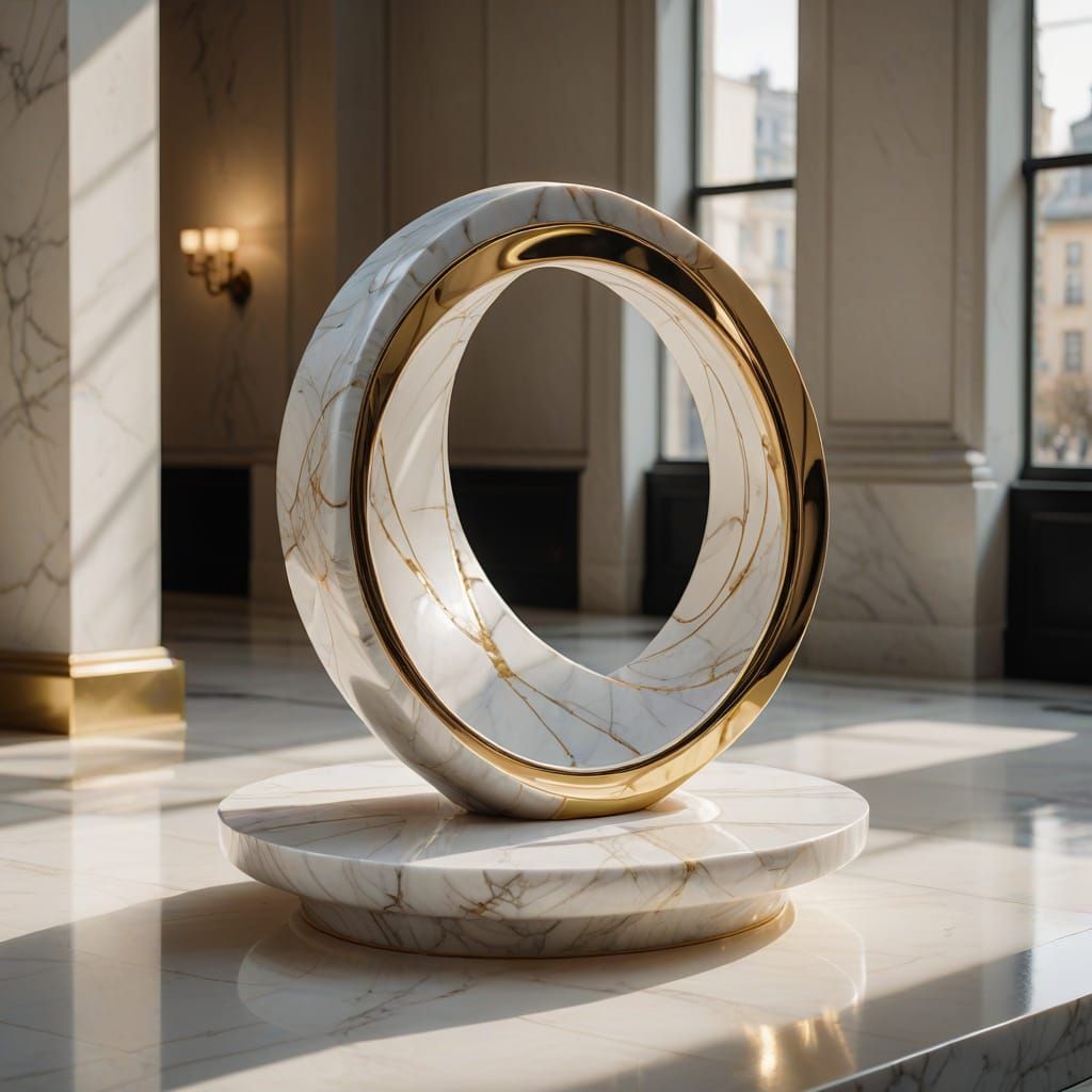 Hyperrealistic digital art. Medium shot. A stunning white marble sculpture of a Möbius strip with spheres ...  by @Ross Tiger