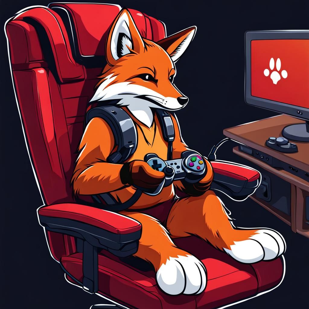 red fox holding a controller in its hands in a gaming chair ...