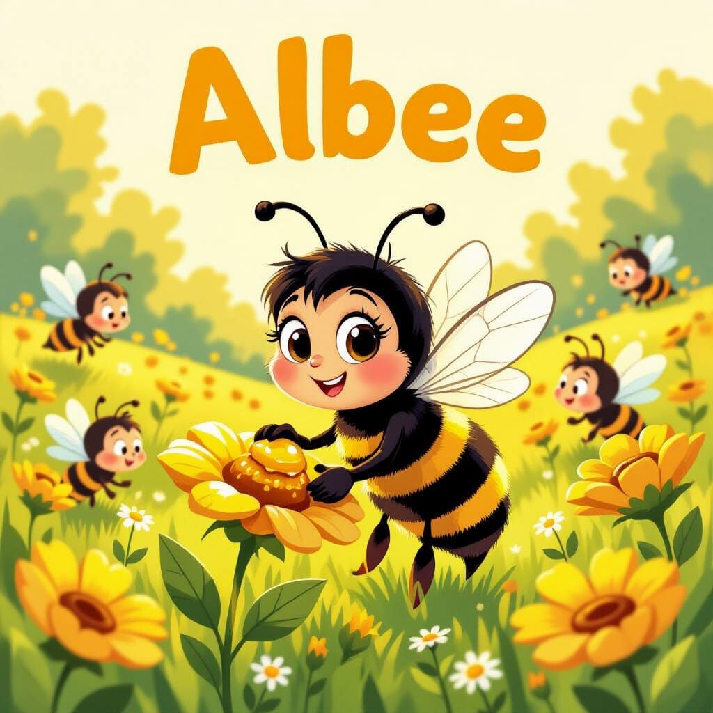 Title Page illlustration with Albee the cartoon bee collecting honey with his other cartoon bee friends in a golden flower meadow