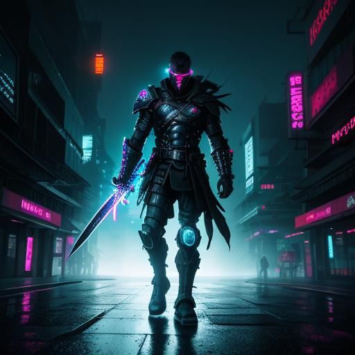 Cyberpunk Warrior in Neon Noir Cityscape
