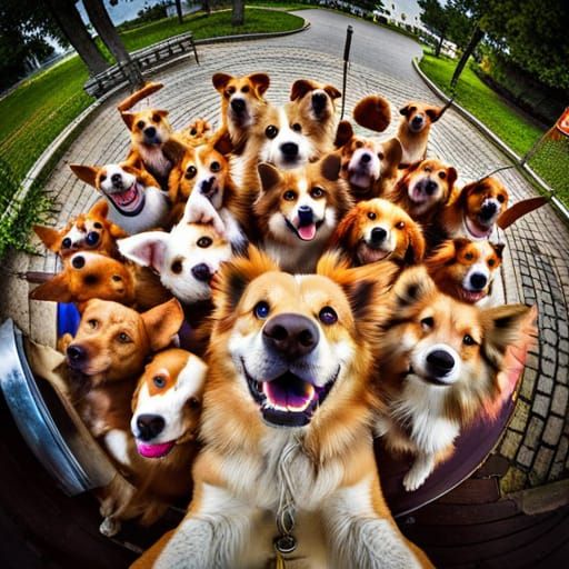Many сute dogs, wide-angle selfie photograph