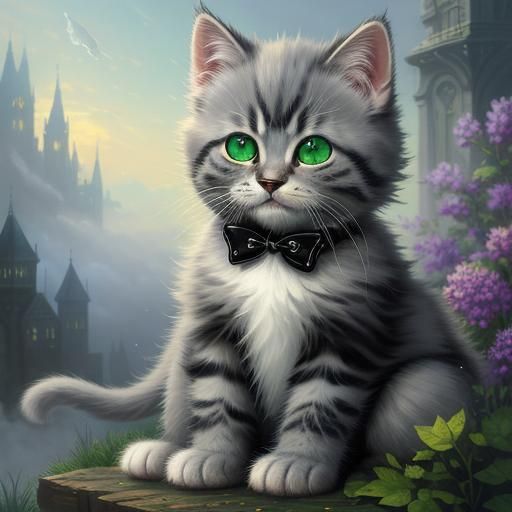 adorable baby gangster kitten  with big green eyes and gray ...