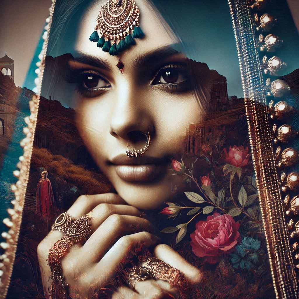 Shy Indian woman in a double exposure