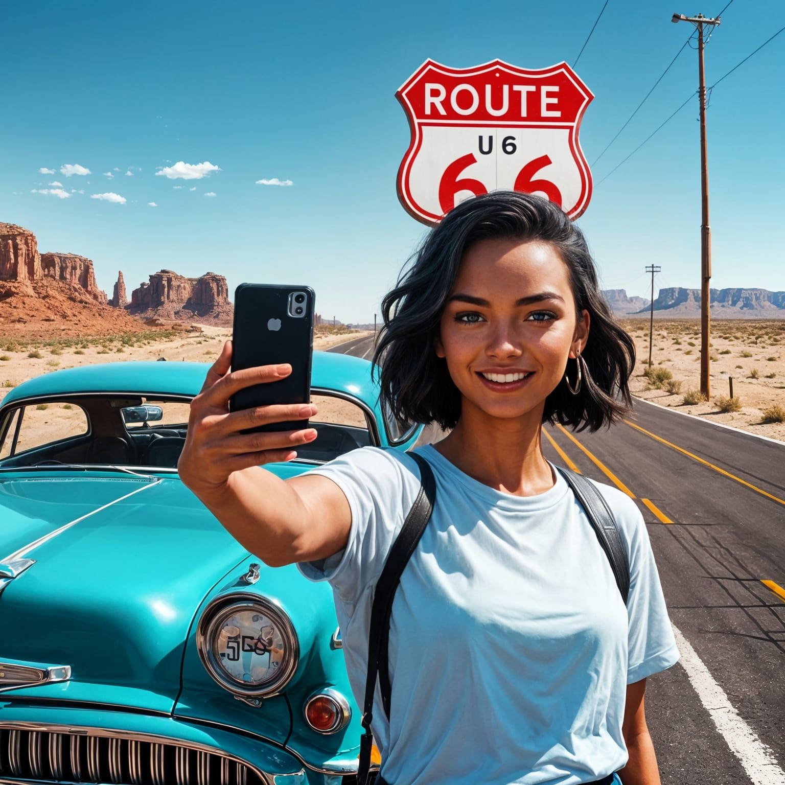 Image of a person taking a selfie picture in front of a route 66 road sign by Greg Rutkowski trending ...  by @Oma