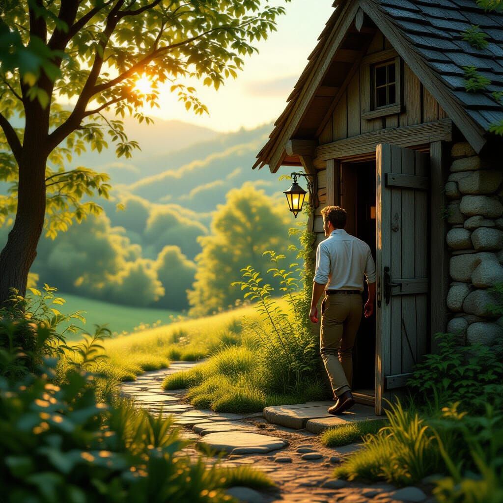 The man steps out of the cottage doorway back into the vibrant, green glen. He takes a deep breath, and the world seems hyper-real and alive...